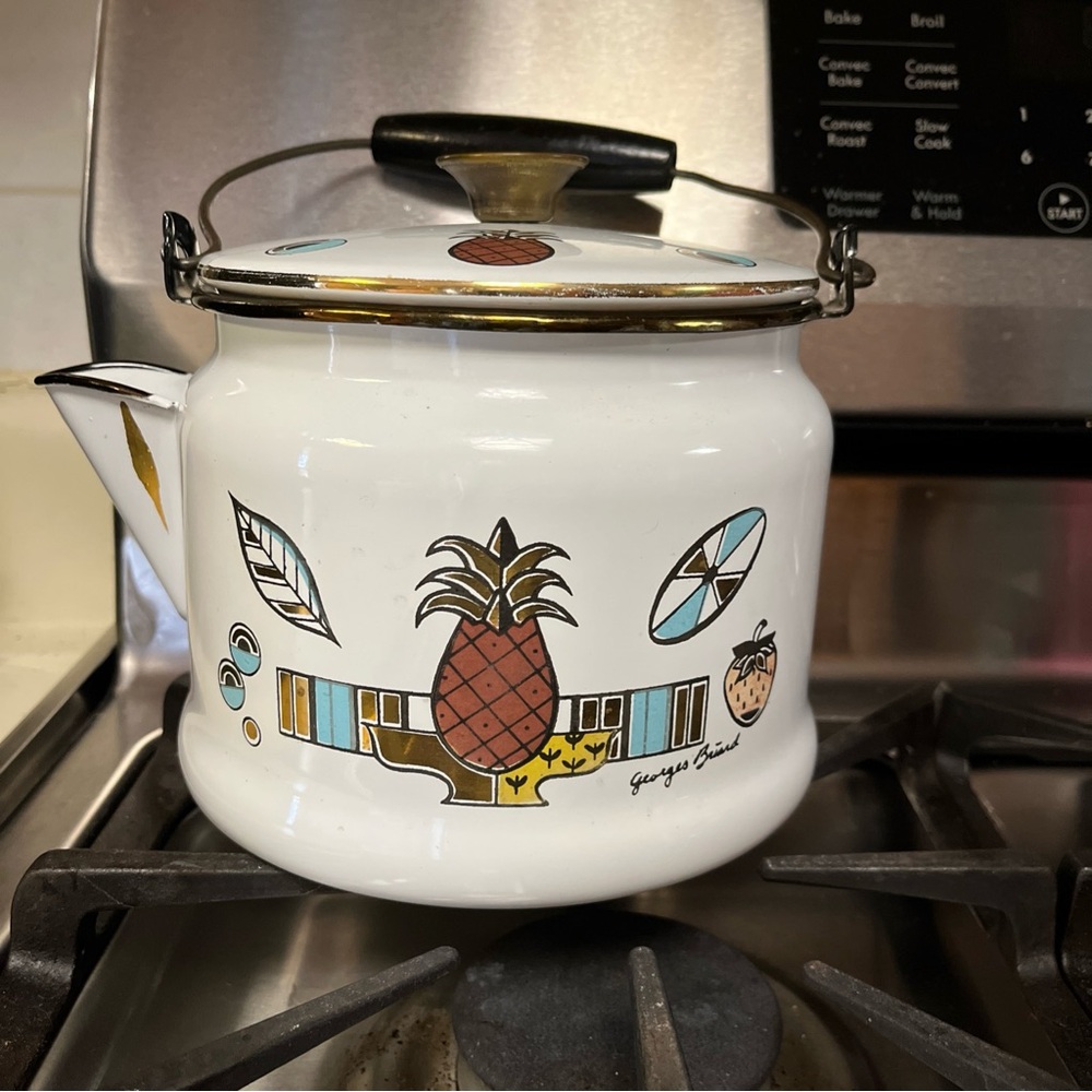 Vintage MCM Georges Briard Enamel Teapot Kettle Pineapple Ambrosia